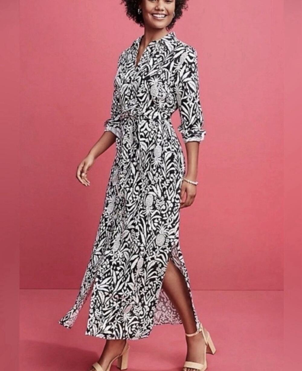 LOFT Linen Maxi Shirt Dress Women's 4 Petite Button Down Pineapple Missing Belt